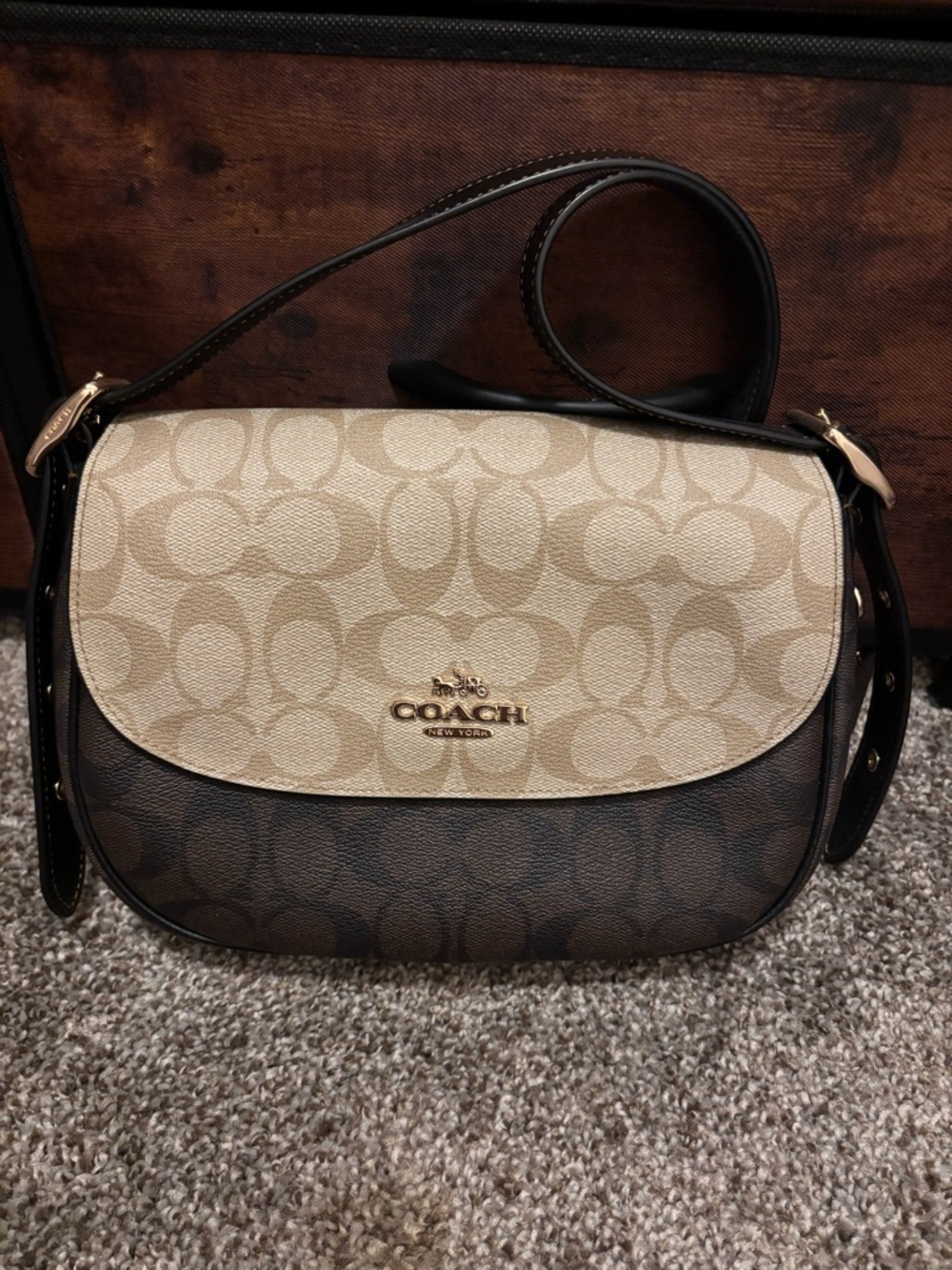 Coach Two-Tone Signature Crossbody in Beige and Brown